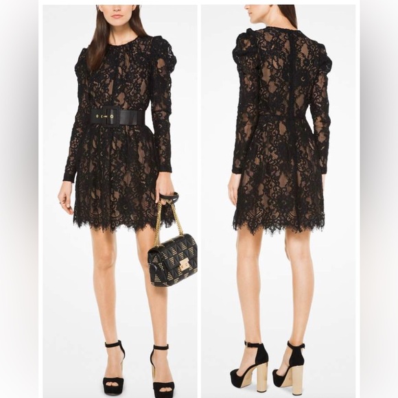Michael Kors Lace Dress Black Puff Sleeve Nude Lining Floral Overlay Party SZ 4 - Picture 14 of 14